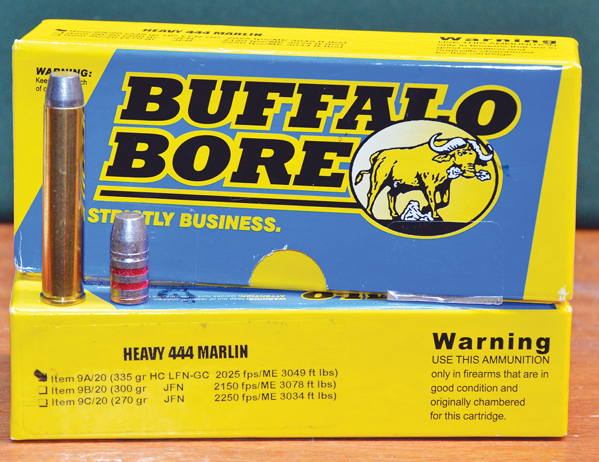 In its “Heavy” lineup of ammunition, Buffalo Bore Ammunition offers the 444 Marlin loaded with the Rim Rock 335-grain bullet at 2,025 fps for just over 3,000 foot-pounds of muzzle energy.